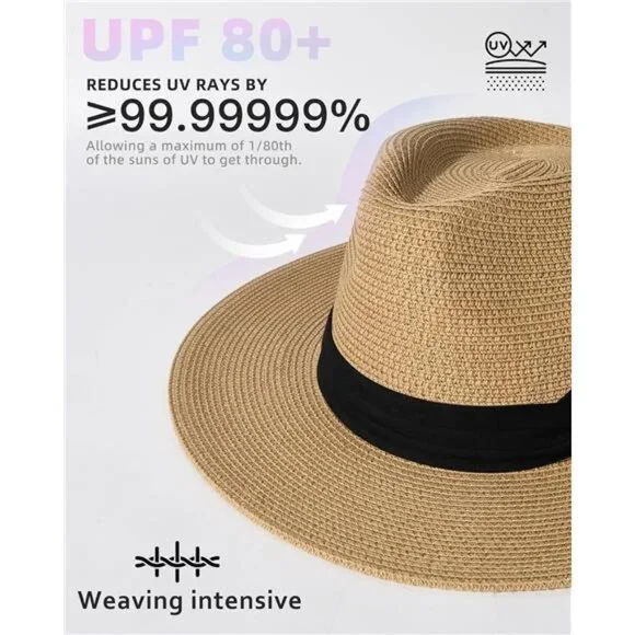 Wide Brim Straw Fedora Hat - Summer Beach Sun Hat with UPF Protection for Women